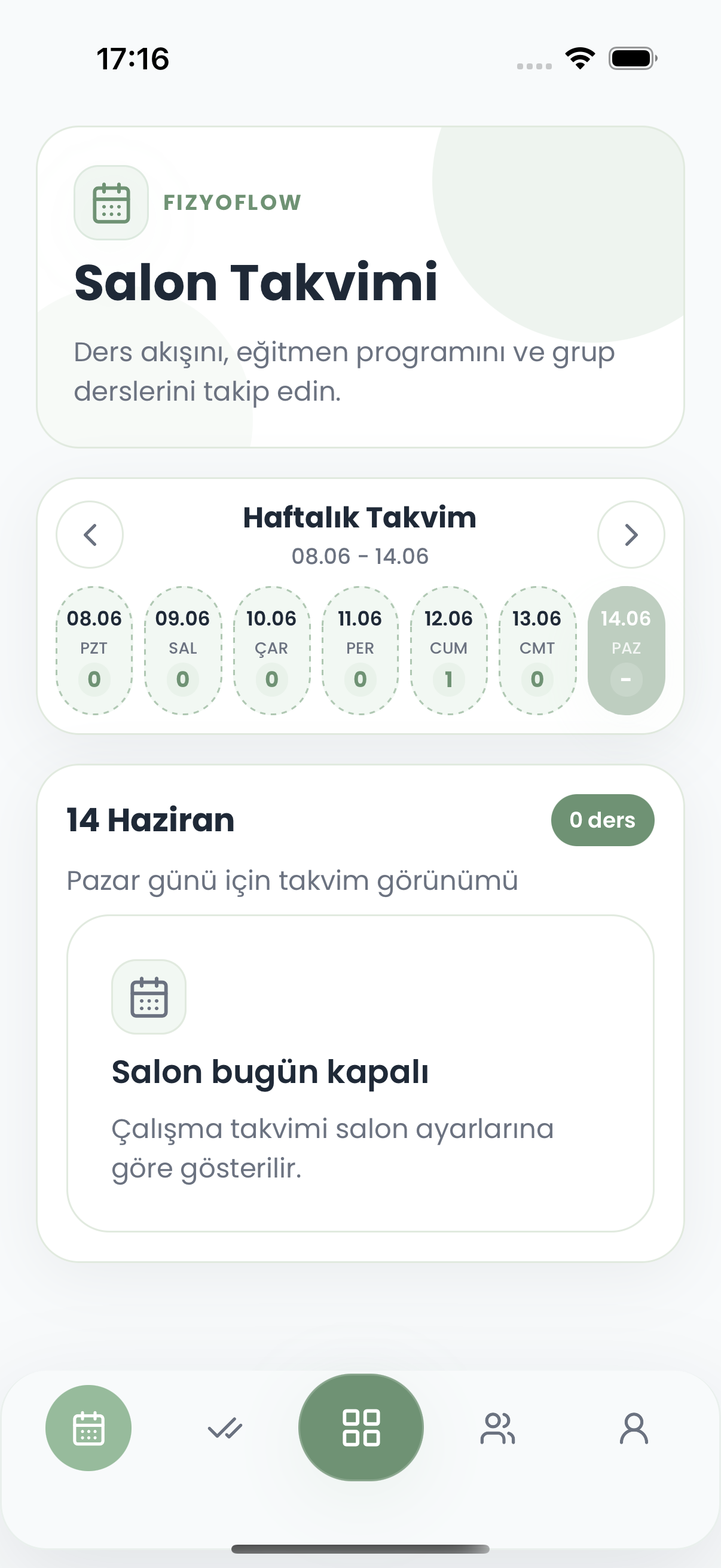 Fizyoflow Yönetici rolünde Salon takvimi ekranı: Ekip programı ve bireysel seanslar