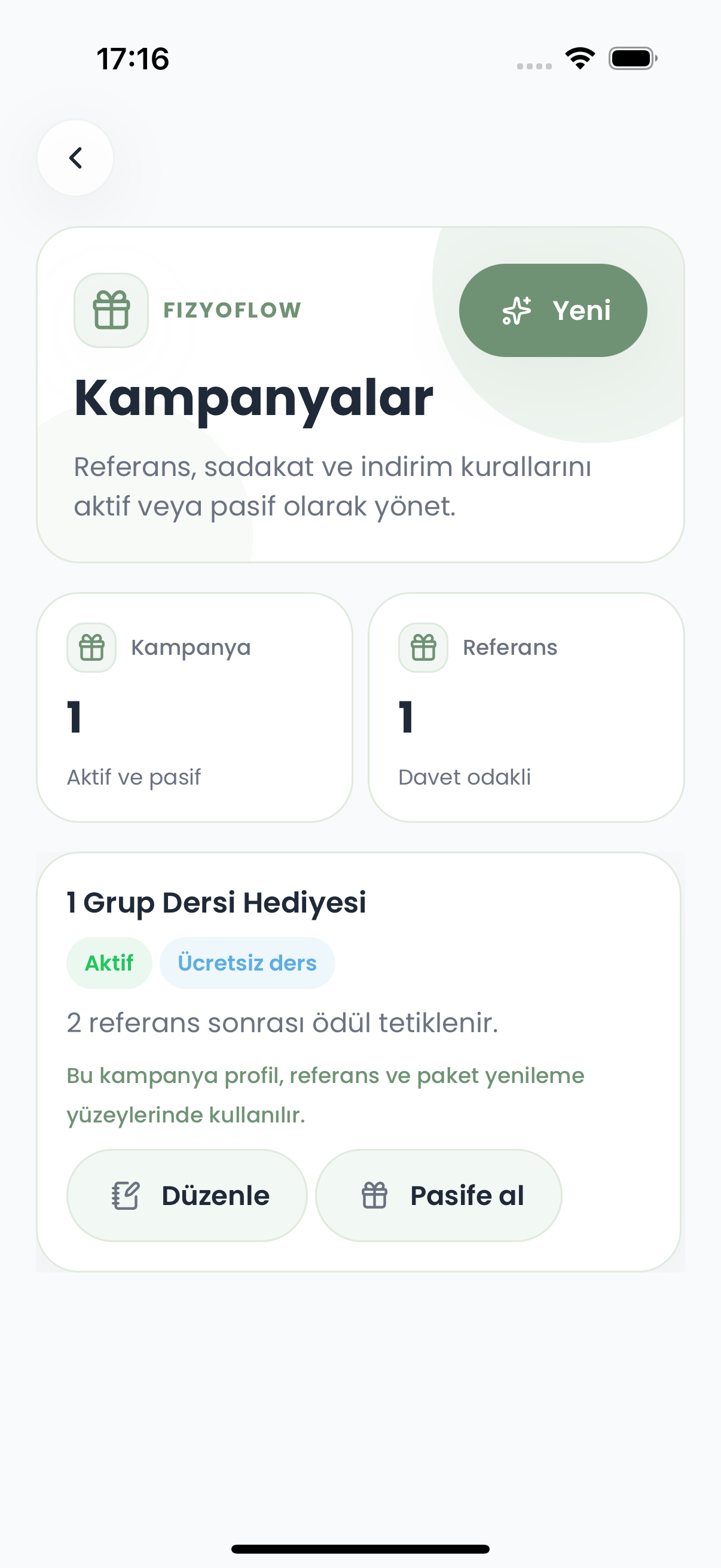 Fizyoflow Yönetici rolünde Kampanyalar ekranı: Referans, sadakat ve indirim kuralları