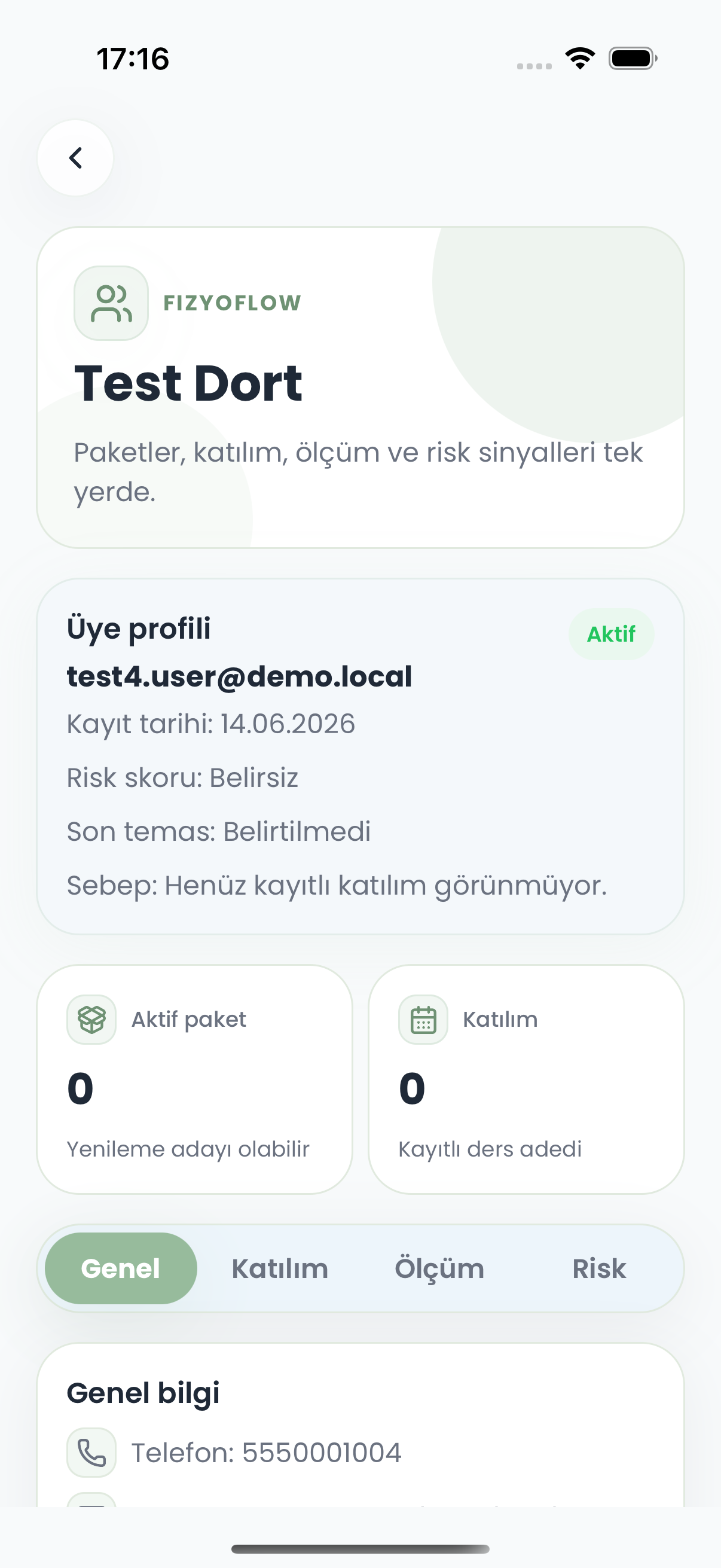 Fizyoflow Yönetici rolünde Danışan detayı ekranı: Paket, katılım, ölçüm ve risk geçmişi