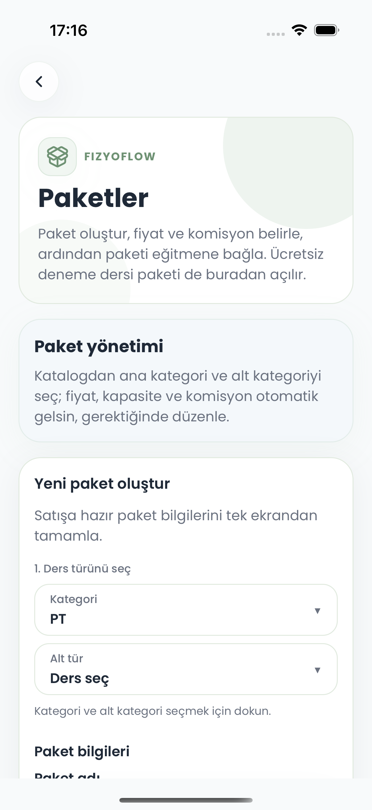 Fizyoflow Yönetici rolünde Paket yönetimi ekranı: Hizmet, fiyat, hak ve ekip eşleştirmesi