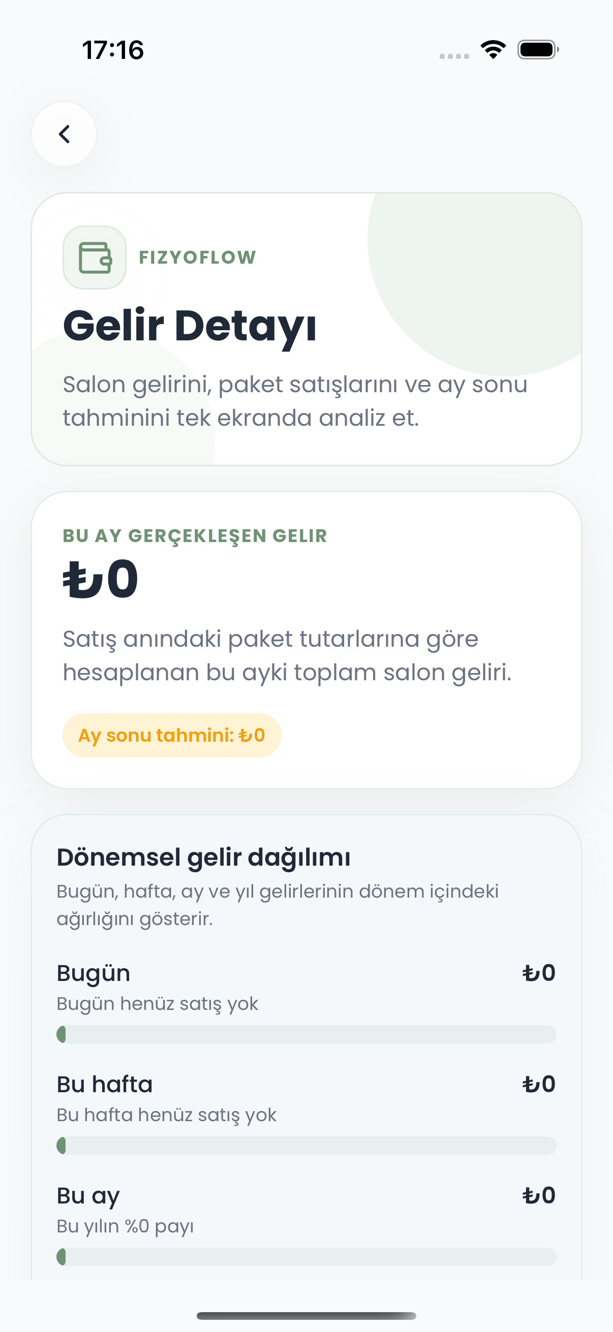 Fizyoflow Yönetici rolünde Gelir detayı ekranı: Satışlar, tahmin ve dönemsel gelir analizi