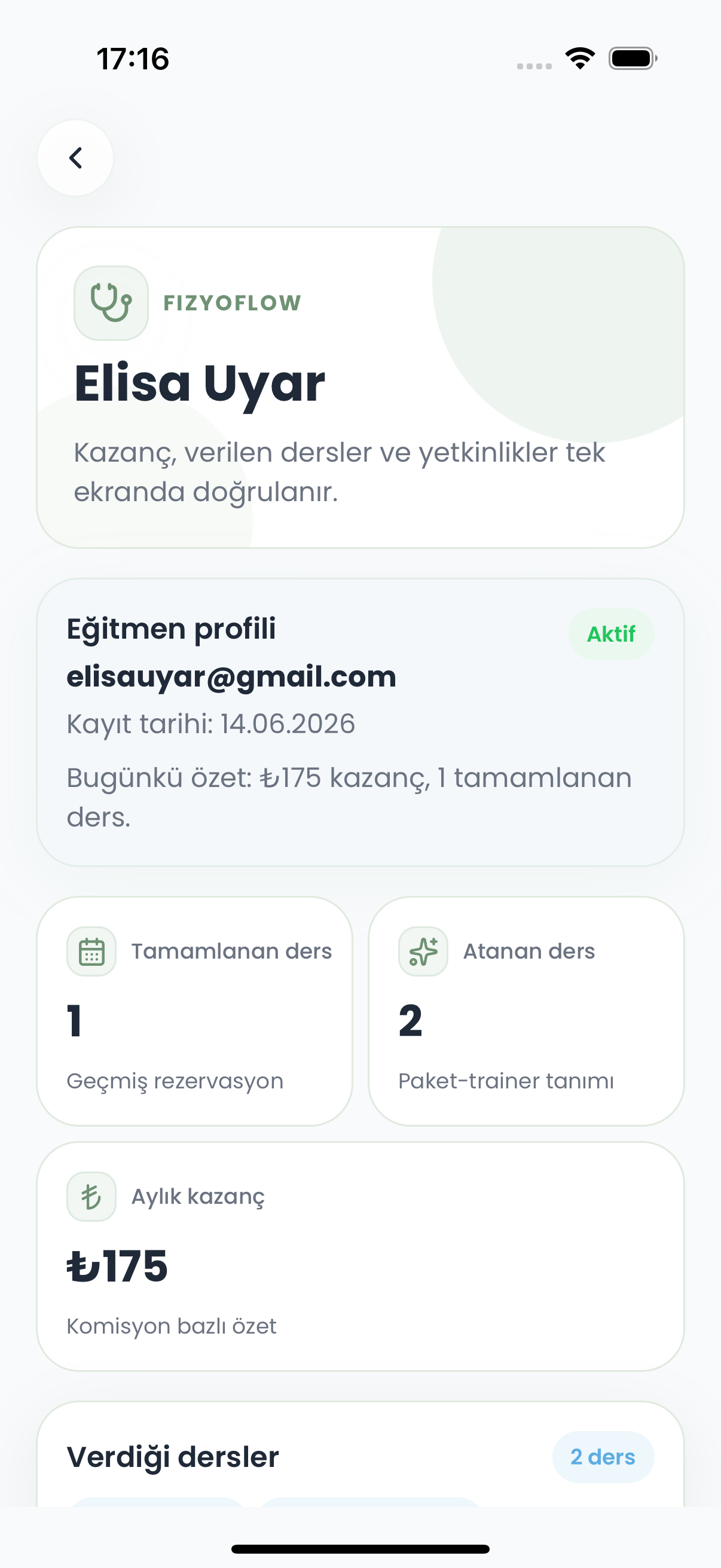 Fizyoflow Yönetici rolünde Fizyoterapist detayı ekranı: Kazanç, ders ve yetkinlik görünümü