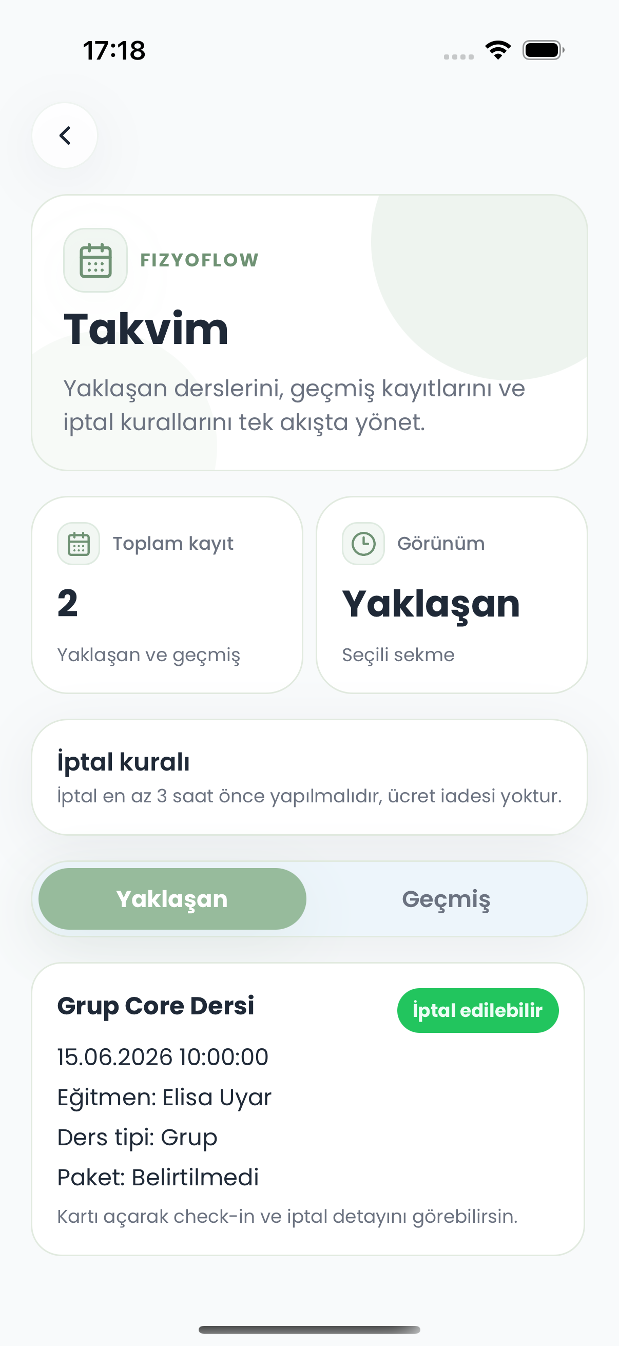 Fizyoflow Danışan rolünde Seans detayı ekranı: Saat, fizyoterapist ve giriş durumu