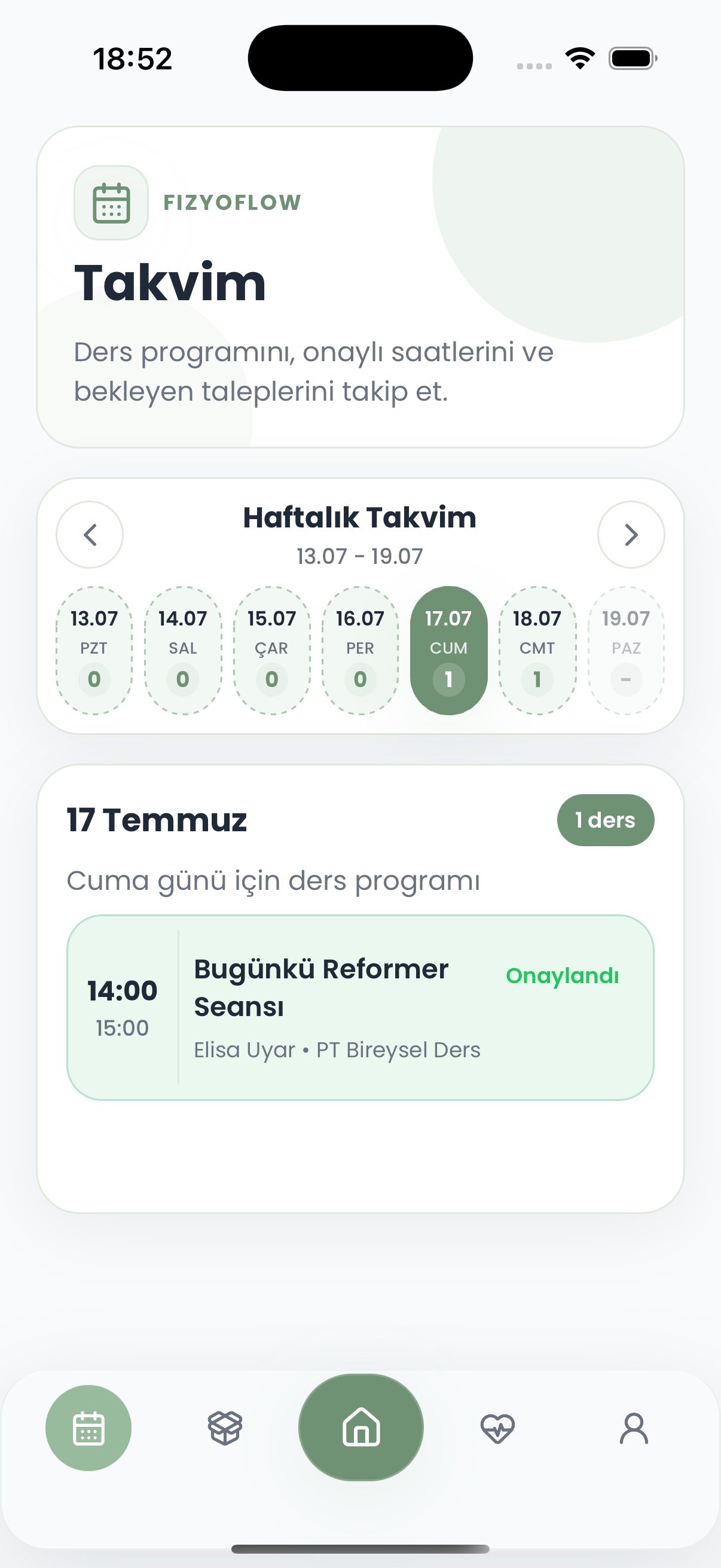FizyoFlow Danışan rolünde Ders takvimi ekranı: Yaklaşan bireysel seans ve grup derslerini görüntüleme