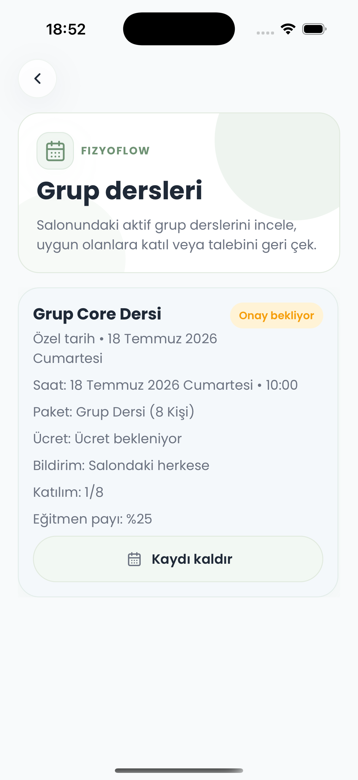FizyoFlow Danışan rolünde Grup dersleri ekranı: Uygun dersleri, kontenjanı ve katılım durumunu görme