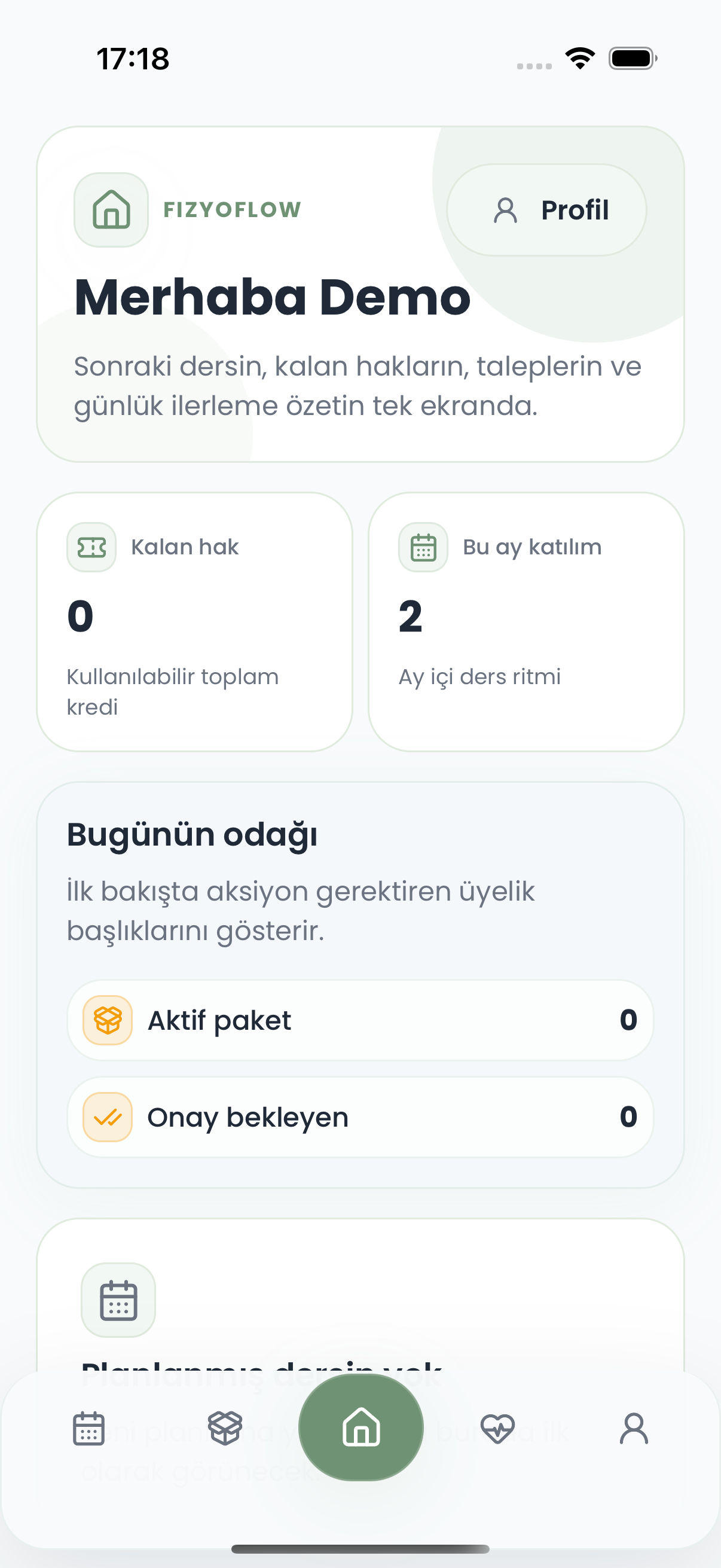 Fizyoflow Danışan rolünde Danışan ana ekranı ekranı: Sonraki seans, kalan hak ve günlük özet