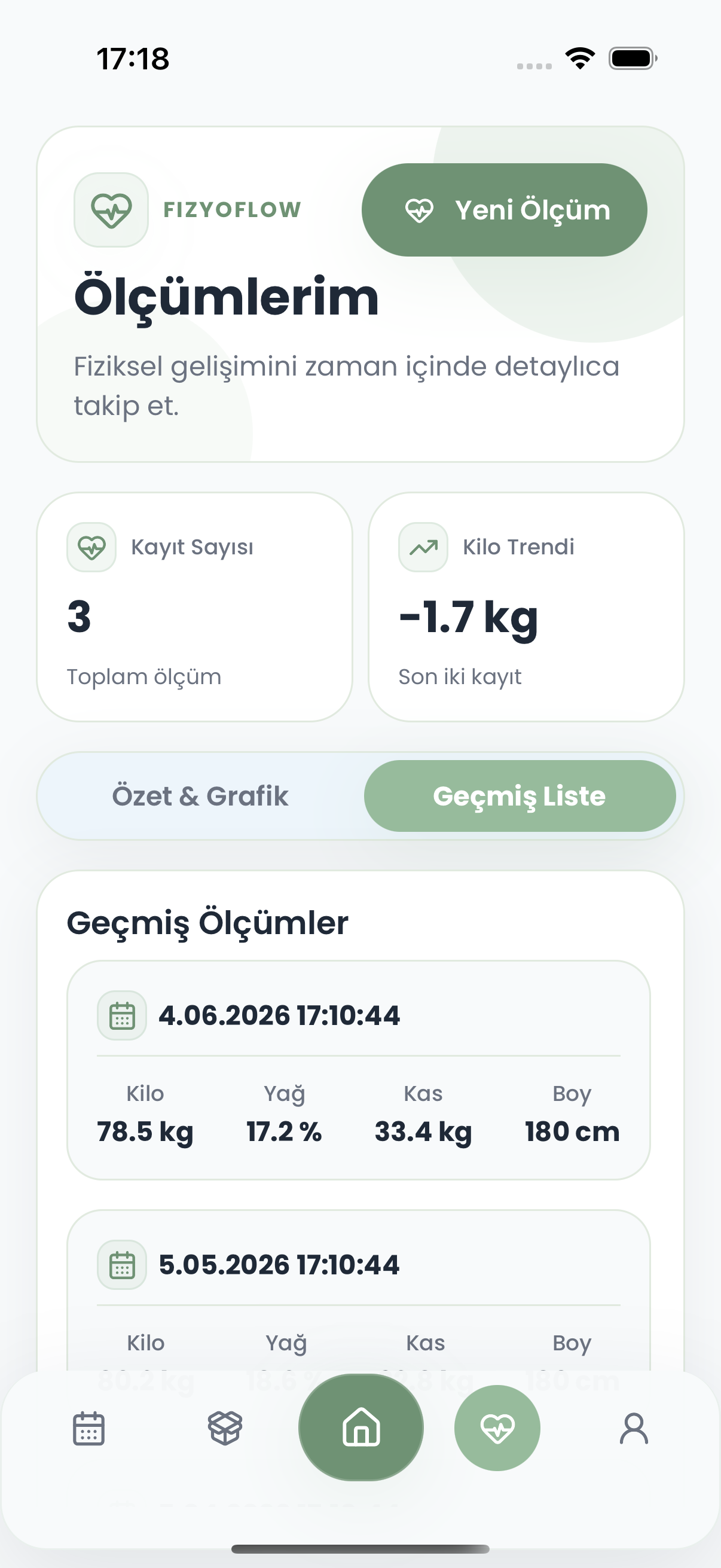 Fizyoflow Danışan rolünde Ölçüm geçmişi ekranı: Tarihli fiziksel gelişim kayıtları