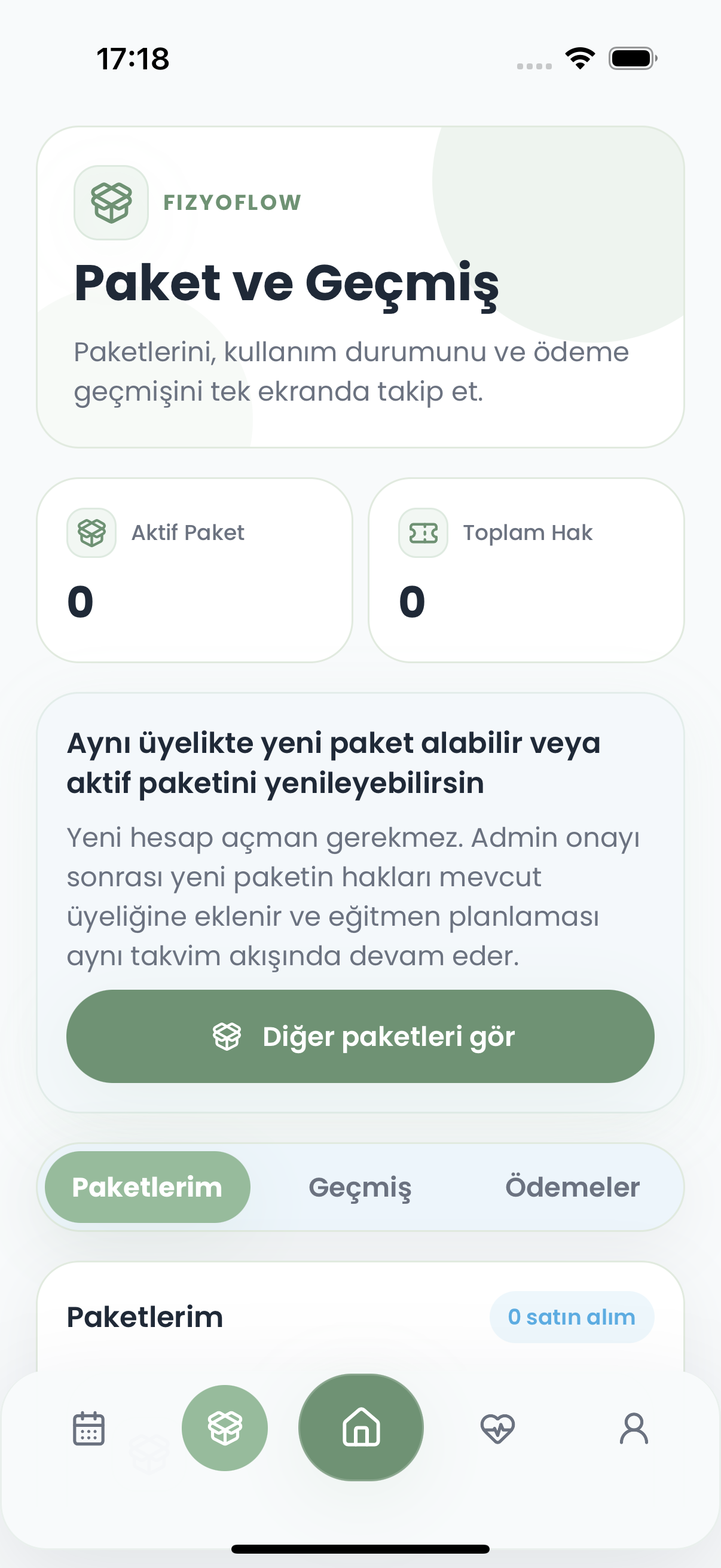 Fizyoflow Danışan rolünde Paket ve haklar ekranı: Kalan kullanım, geçmiş ve ödeme bilgisi
