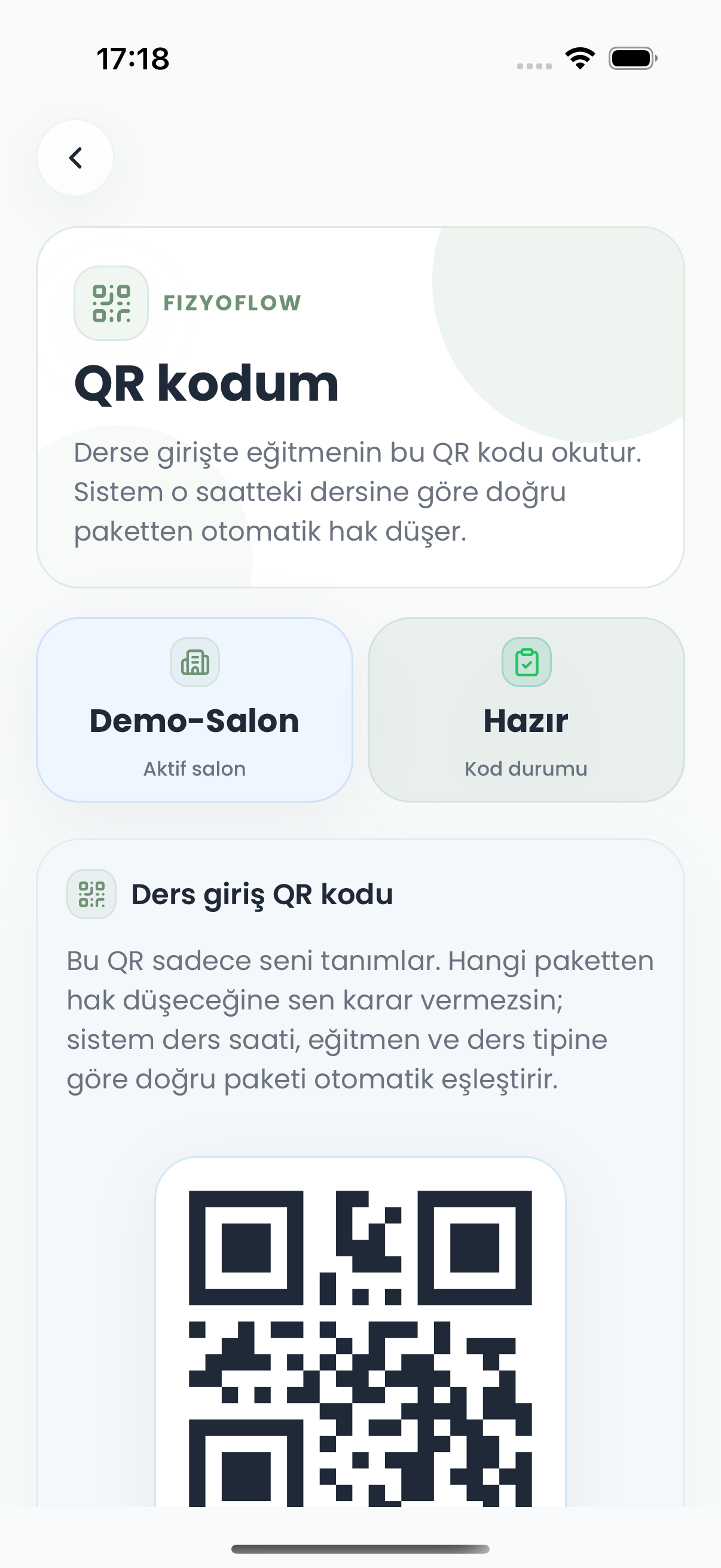 Fizyoflow Danışan rolünde Ders giriş QR ekranı: Doğru seanstan otomatik hak düşümü
