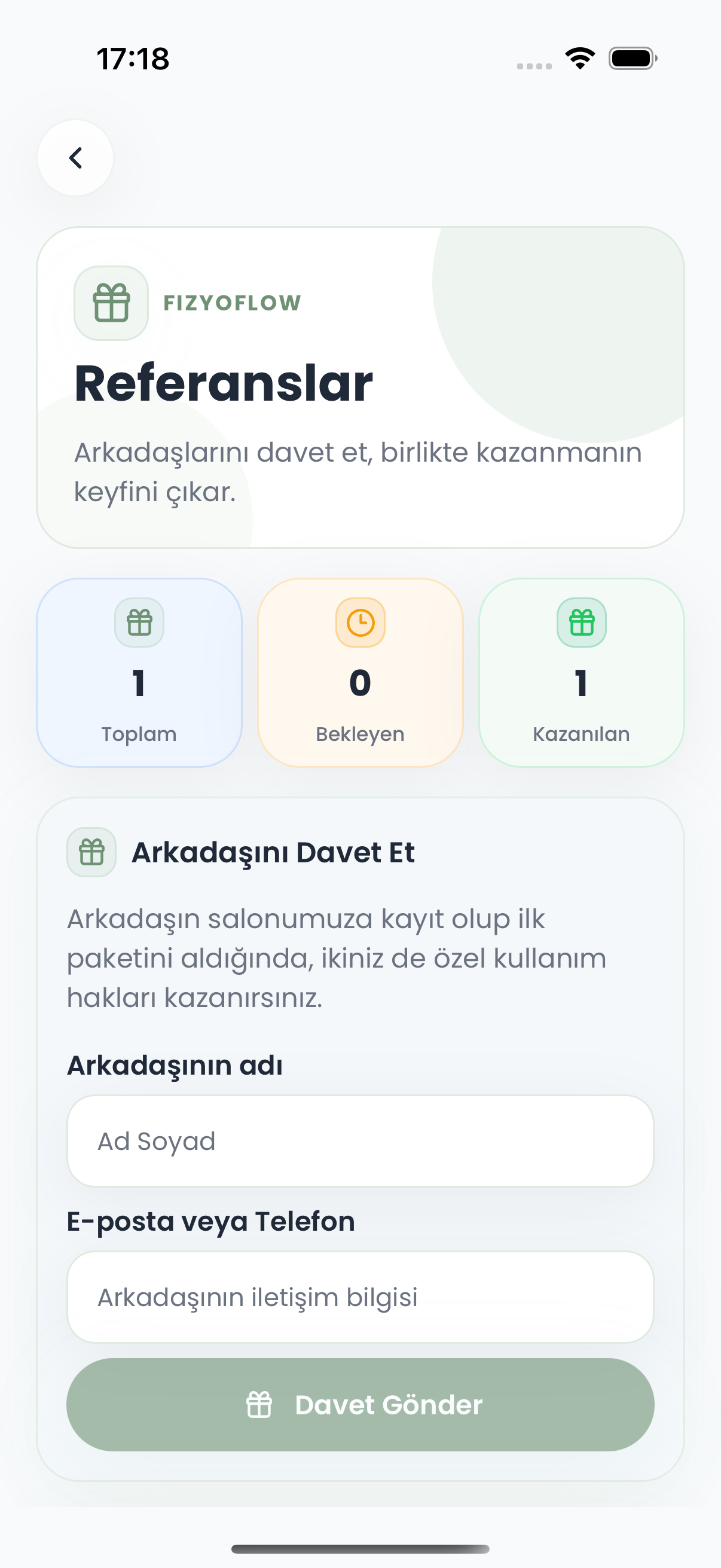 Fizyoflow Danışan rolünde Referanslar ekranı: Arkadaş daveti ve kazanım takibi
