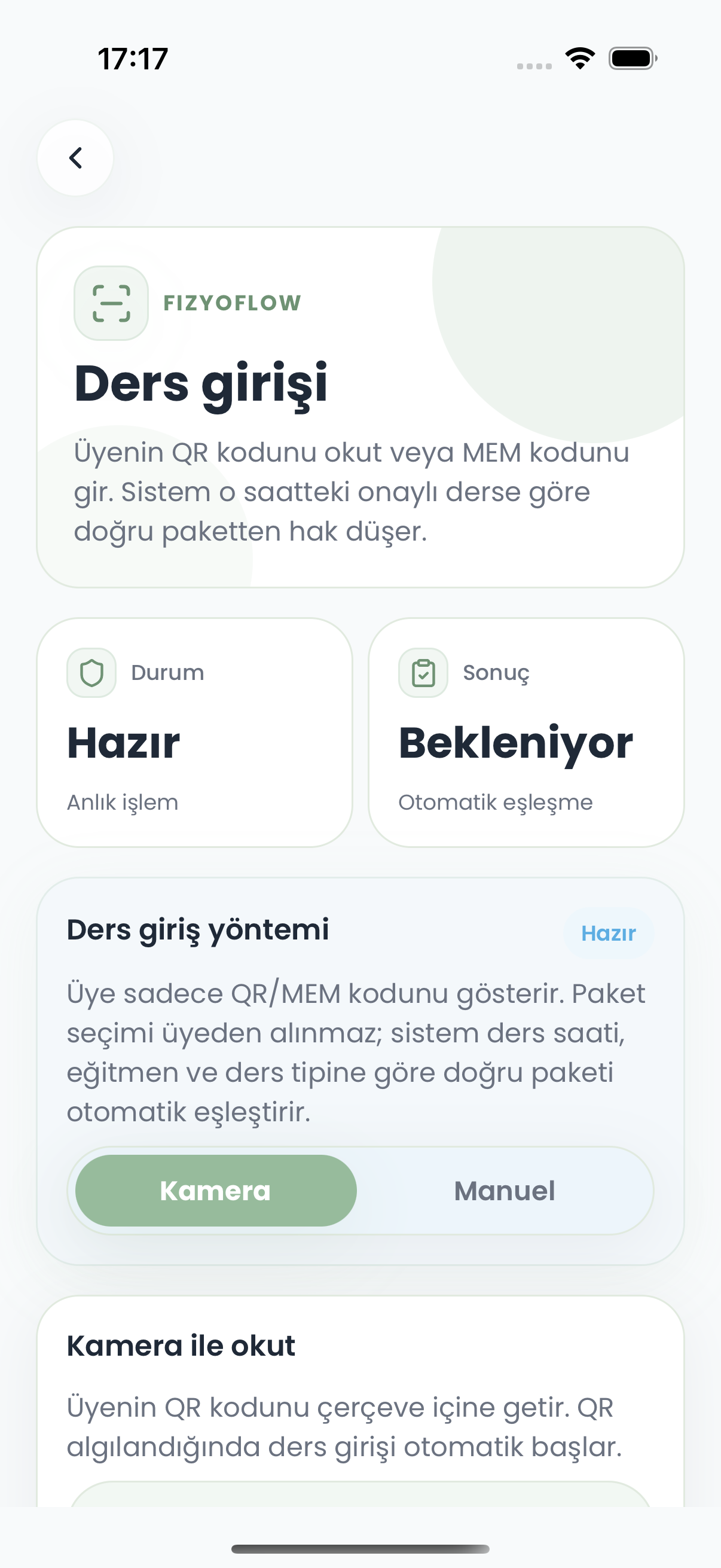 Fizyoflow Fizyoterapist rolünde Check-in ekranı: QR veya kodla katılım ve hak düşümü