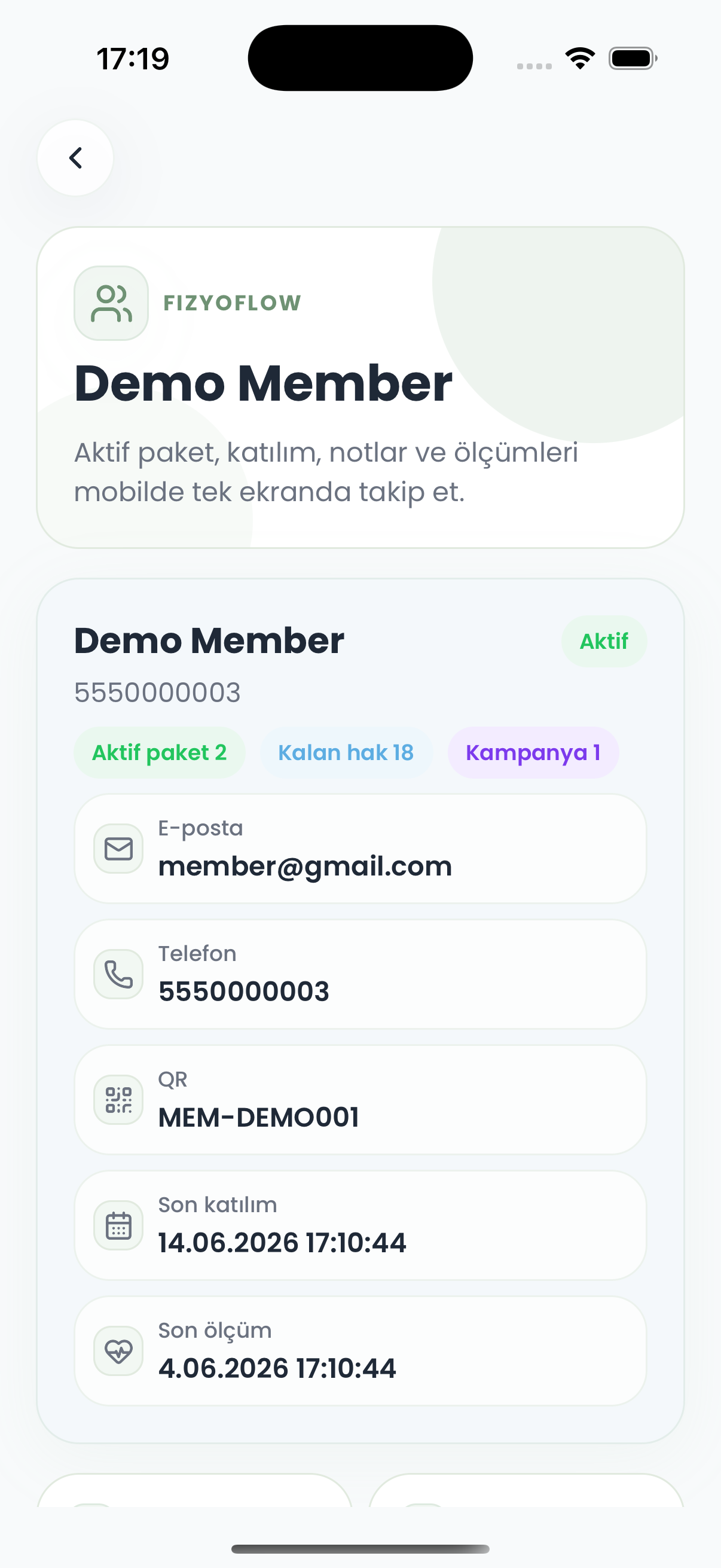 Fizyoflow Fizyoterapist rolünde Danışan detayı ekranı: Aktif paket, katılım ve ölçüm bilgileri