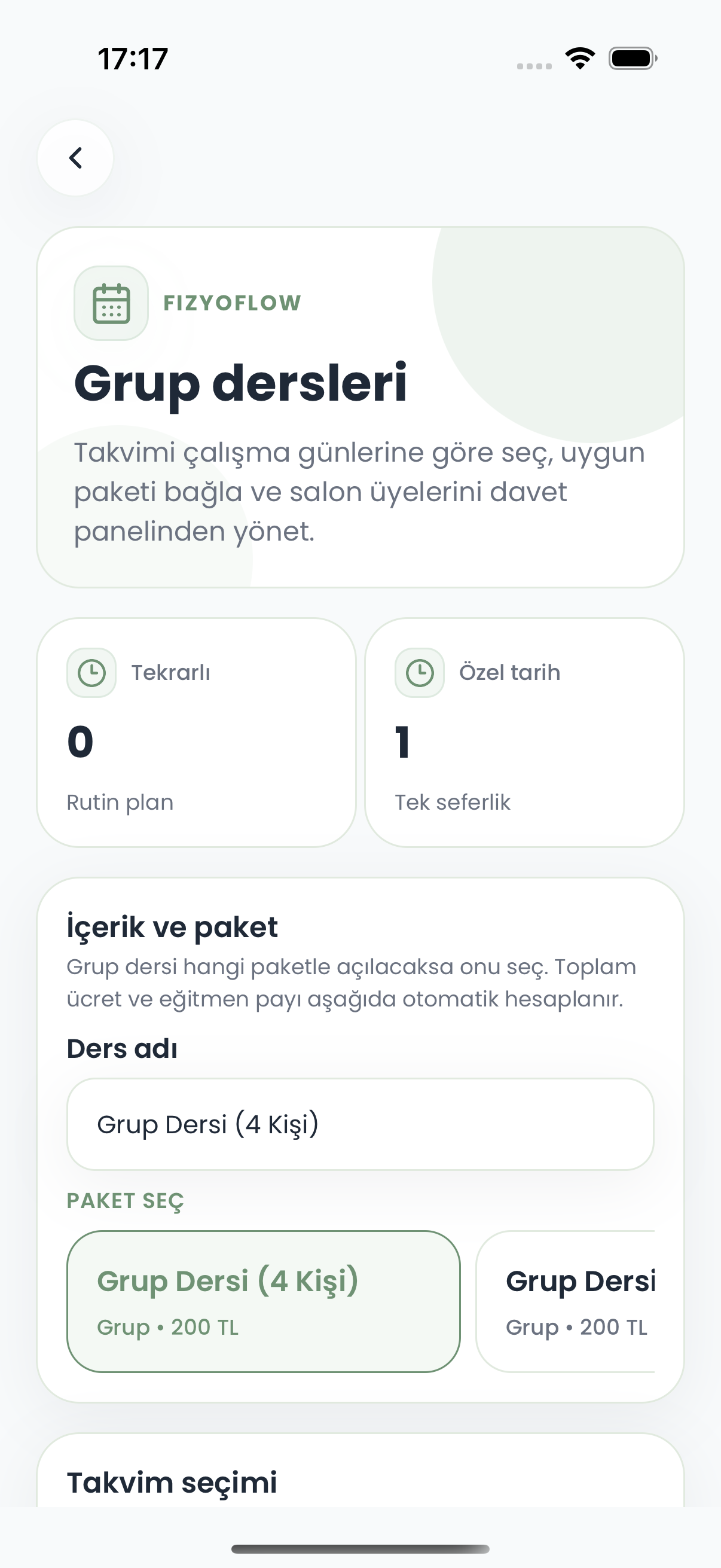 Fizyoflow Fizyoterapist rolünde Grup dersleri ekranı: Ders oluşturma, paket ve davet yönetimi