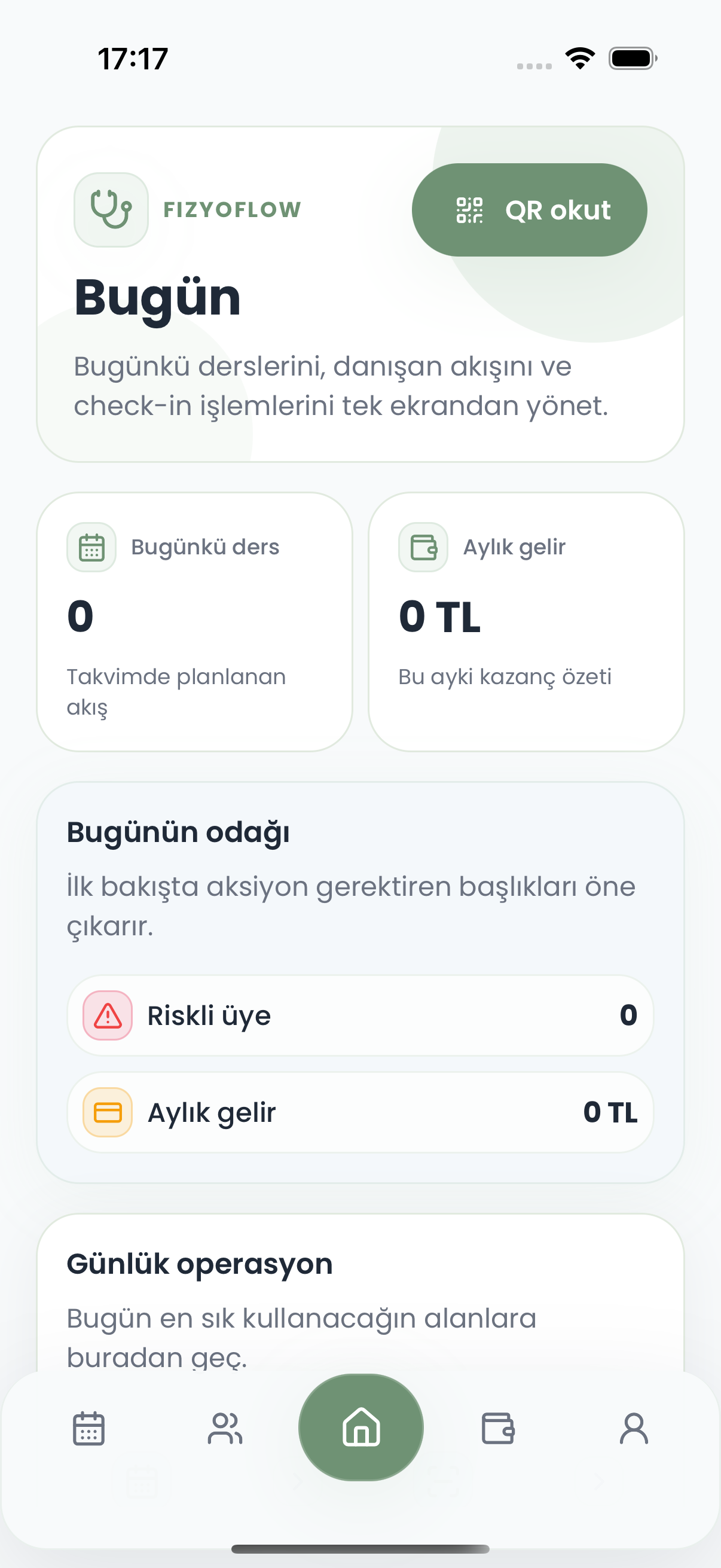 Fizyoflow Fizyoterapist rolünde Günlük ana ekran ekranı: Bugünkü seanslar ve hızlı işlemler