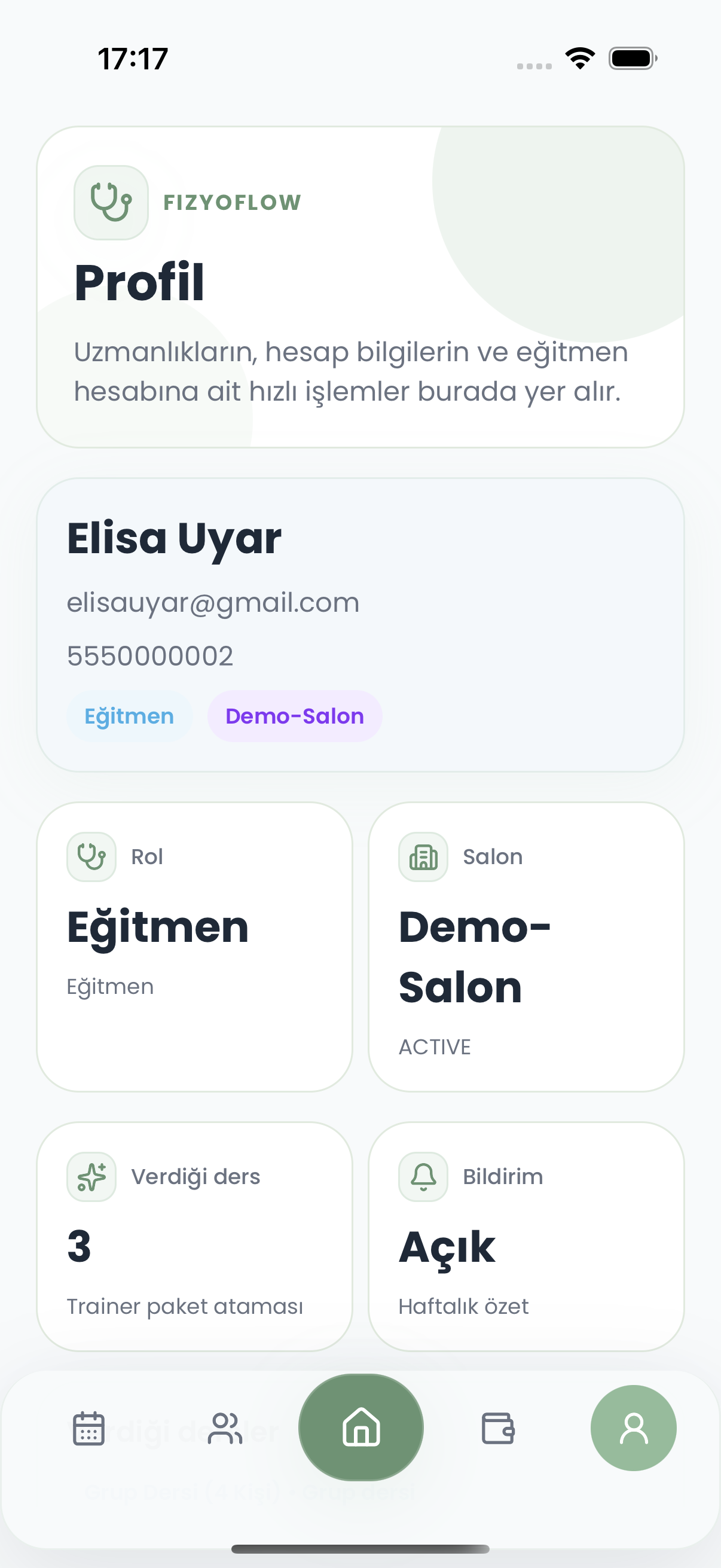 Fizyoflow Fizyoterapist rolünde Profil ve uzmanlık ekranı: Hesap, yetkinlik ve iletişim bilgileri