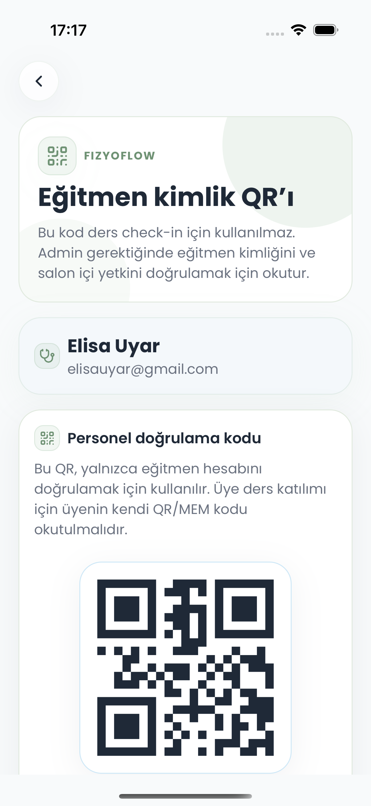 Fizyoflow Fizyoterapist rolünde Fizyoterapist QR ekranı: Klinik içi kimlik ve yetki doğrulama