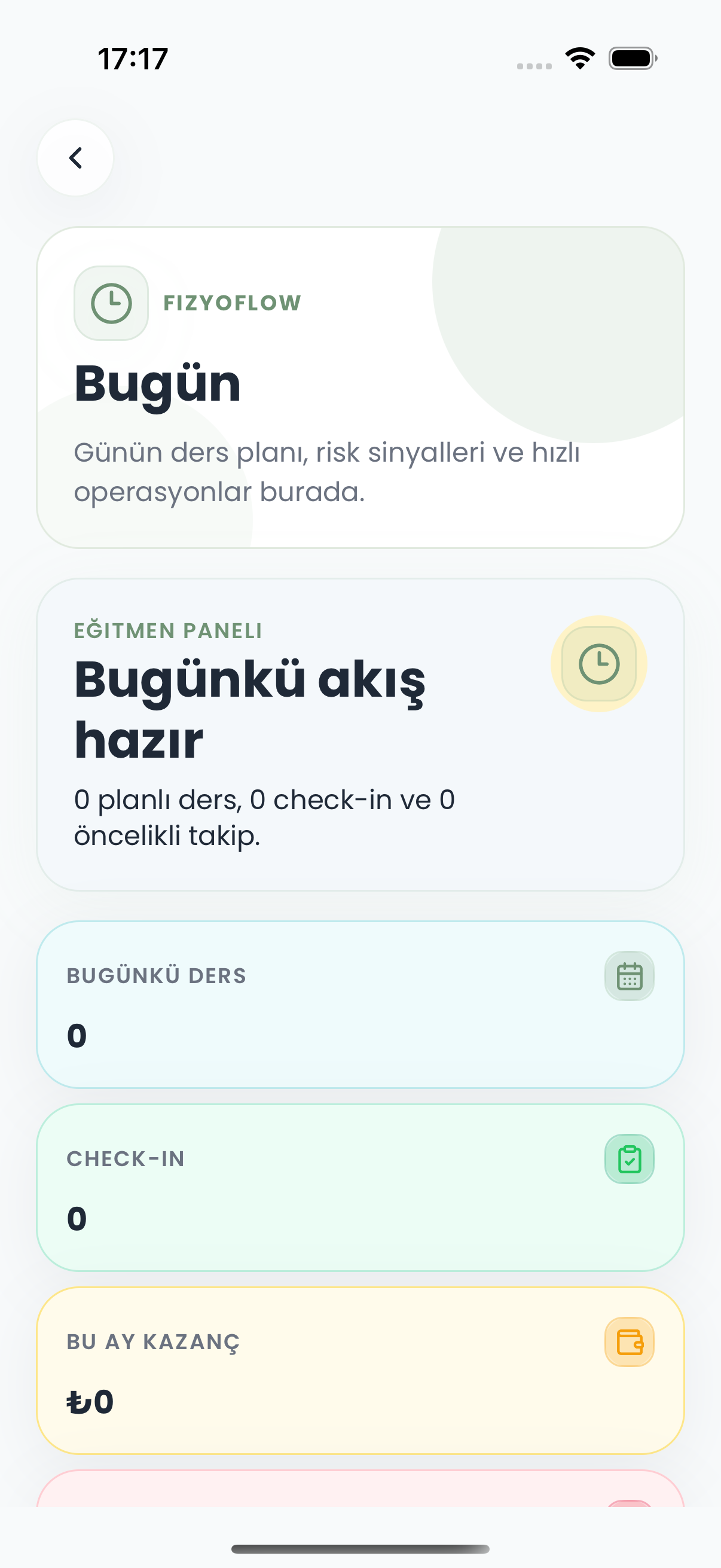 Fizyoflow Fizyoterapist rolünde Bugünün akışı ekranı: Sıradaki seans, risk ve son check-in